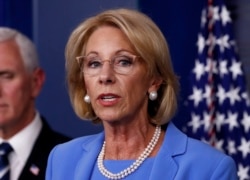 FILE - Then-Education Secretary Betsy DeVos speaks in the James Brady Press Briefing Room, March 27, 2020, in Washington.