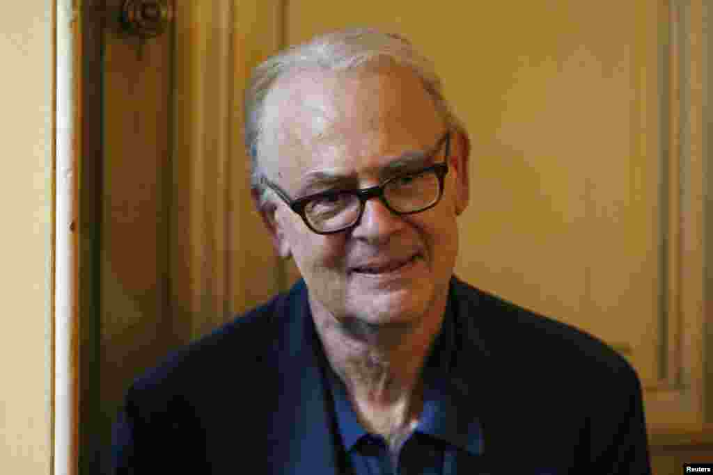 Patrick Modiano, winner of the 2014 Nobel Prize for Literature, attends a news conference at the French publishing house Gallimard in Paris, France, Oct. 9, 2014. 
