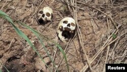 Des crânes humains soupçonnés appartenir à des victimes des affrontements entre l'armée gouvernementale et la milice Kamuina Nsapu sont visibles sur le bord de la route à Tshienke près de Kananga, Kasaï central, RDC, 12 mars 2017.
