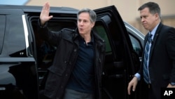 Secretary of State Antony Blinken arrives to board a military aircraft prior to departing from Andrews Air Force Base, Md., May 16, 2021. 