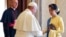 State Counsellor and Union Minister for Foreign Affairs of the Republic of the Union of Myanmar Aung San Suu Kyi (right) is welcomed by Pope Francis on the occasion of their private audience, at the Vatican, May 4, 2017.