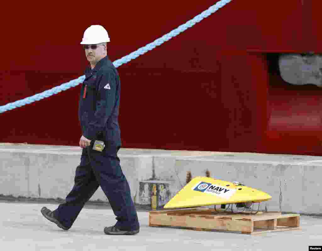 A U.S. Navy towed pinger locator is pictured on a dock at HMAS Stirling naval base near Perth.