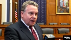 U.S. Republican Representative Chris Smith of New Jersey speaks to VOA after a U.S. Congressional-Executive Commission on China hearing in Washington, April 30, 2015. (M. Lipin/VOA) 