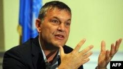 U.N. Humanitarian Coordinator in Somalia Philippe Lazzarini gives a press conference in Nairobi, May 19, 2014. 