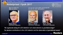 The names of Rainer Weiss, Barry C. Barish and Kip S. Thorne are displayed on the screen during the announcement of the winners of the Nobel Prize in Physics 2017, in Stockholm, Sweden, October 3, 2017. TT News Agency/Jessica Gow via REUTERS 