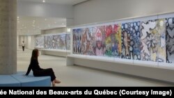 Jean-Paul Riopelle’s Tribute to Rosa Luxembourg. At 40 meters, it is the largest work in the museum and the largest Riopelle ever created. It is displayed in an underground passage leading to the new pavilion.