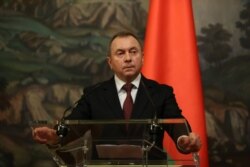 FILE - Belarusian Foreign Minister Vladimir Makei speaks during a news conference following talks with his Russian counterpart Sergei Lavrov, not pictured, in Moscow, Russia, Sept. 2, 2020.