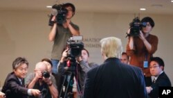 President Donald Trump makes a brief statement to the media while at U.N. headquarters in New York, Sept. 18, 2017.