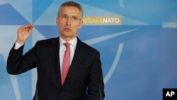 លោក Jens Stoltenberg អគ្គលេខាធិការ​អង្គការ​អូតង់​ថ្លែង​ក្នុង​សន្និសីទ​កាសែត​មួយ​នៅ​ទីស្នាក់ងារ​អង្គការ នៅ​ក្នុង​ក្រុង​ប៊្រុចសែល កាលពី​ថ្ងៃទី២៧ ខែមីនា ឆ្នាំ២០១៨។