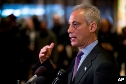 Chicago Mayor Rahm Emanuel speaks with members of the media after meeting with President-elect Donald Trump at Trump Tower in New York, Dec. 7, 2016.