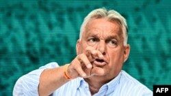 Hungarian Prime Minister Viktor Orban addresses the audience at Tusvanyos Summer University in Baile Tusnad, Romania, on July 27, 2024.
