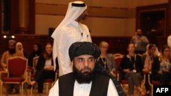 FILE - Taliban spokesman Suhail Shaheen is seen during talks in the Qatari capital Doha, July 7, 2019.
