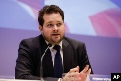 Anders Vistisen, leader of the Danish People's Party, talks to journalists during a press conference in Milan, April 8, 2019.