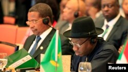 Presiden Nigeria Goodluck Jonathan (kanan) dan Presiden Tanzania Jakaya Mrisho Kikwete nampak berada di antara para tamu yang ikut menghadiri peringatan 50 tahun Uni Afrika di Addis Ababa, Ethiopia (25/5).