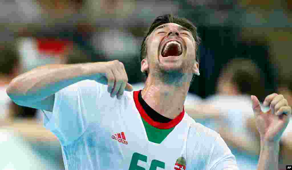 Hungary's Mate Lekai reacts after his team defeated Iceland during their men's handball quarterfinal match.