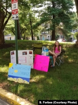 Nine-year-old Maya Forbes raised $25 from her lemonade stand in Germantown, MD, Aug. 11, 2018. Mayan and her mother also raised money through yard sales and benefit workouts. They hope to bring the donations back to Bangladesh in November.