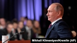 RUSSIA -- Russian President Vladimir Putin speaks during his annual news conference in Moscow, December 14, 2017