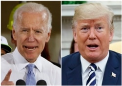 FILE - In this combination of file photos, former Vice President Joe Biden speaks in Collier, Pa., on March 6, 2018, and President Donald Trump speaks in the Oval Office of the White House in Washington on March 20, 2018.