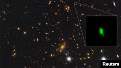 A galaxy located 13.28 billion light-years away is giving scientists new insight into the early history of the universe, with the detection of the oldest-known evidence of oxygen. Courtesy ALMA (ESO/NAOJ/NRAO), NASA/ESA Hubble Space Telescope, W. Zheng (JHU), M. Postman (STScI), the CLASH Team, Hashimoto et al/Handout