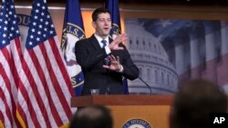 Speaker of the House Paul Ryan, R-Wis., meets with reporters as he encourages support for Republican tax reform legislation, on Capitol Hill in Washington, Nov. 9, 2017.