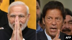 Dalam foto kombinasi (kiri) Perdana Menteri India Narenda Modi saat melakukan lawatan resmi ke Tokyo, 29 Oktober 2018 dan (kanan) Perdana Menteri Pakistan Imran Khan berbicara kepada para wartawan di Islamabad, 3 November 2016.
