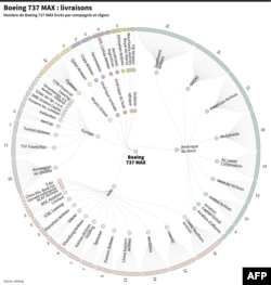 Nombre de Boeing 737 MAX livrés par compagnie et par région après l'accident d'un appareil d'Ethiopian Airlines en Ethiopie