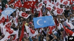 Supporters, known as " Gray Wolves" listen to Devlet Bahceli, the leader of Turkey's opposition Nationalist Action Party in Ankara, June 4, 2011