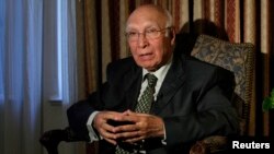 FILE - Adviser to the Pakistani Prime Minister on Foreign Affairs and National Security Sartaj Aziz