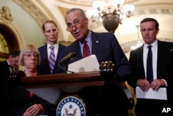 Senate Minority Leader Chuck Schumer of N.Y. speaks to members of the media following a Senate policy luncheon on Capitol Hill in Washington, April 2, 2019.