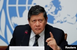 유엔 인권이사회 산하 국제미얀마인권조사단 마르주키 다루스만 단장이 27일 스위스 제네바에서 보고서 발표 기자회견을 열었다.