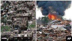 This combination of AP photos shows left: a neighborhood in Moore, Oklahoma in ruins, May 4, 1999, after a tornado flattened many houses and buildings in central Oklahoma, and right: flattened houses in Moore on Monday, May 20, 2013.