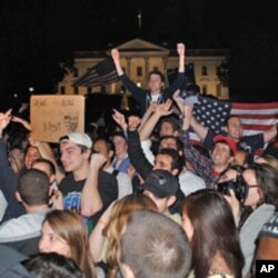 A crowd of mostly young Americans have gathered in front of the White House after President Obama's announcement of the death of Osama bin Laden, at 2:00am on Monday, May 02, 2011