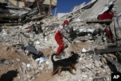 FILE - A rescue worker searches the debris with his sniffing dog on the earthquake site in Sarpol-e-Zahab in western Iran, Nov. 14, 2017.