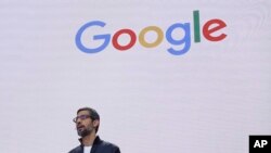 FILE - In this file photo dated May 17, 2017, Google CEO Sundar Pichai delivers the keynote address for the Google I/O conference in Mountain View, California.
