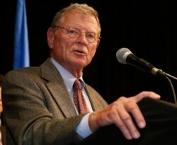 FILE - Sen. Jim Inhofe, R-Okla. speaks at the Republican watch party in Oklahoma City, Nov. 4, 2014.