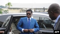 Le fils du président équato-guinéen Teodorin Obiang Nguema lors de son arrivée au stade de Malabo, le 24 juin 2013.