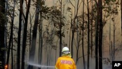 A firefighter manages a controlled burn near Tomerong, Australia, Jan. 8, 2020, in an effort to contain a larger fire nearby. Around 2,300 firefighters in New South Wales state were consolidating containment lines around more than 110 blazes.