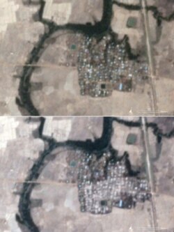 인권단체 휴먼라이츠워치(Human Rights Watch)가 공개한 지난 16일 찍힌 화재 전과 후의 미얀마 라카인 주 위성사진. 라카인 주엔 미얀마 정부가 자국민으로 인정하지 않는 로힝야 소수민족이 거주한다.