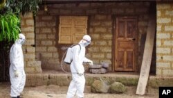 In this file photo taken on Tuesday, Oct. 21, 2014, a healthcare worker in protective gear sprays disinfectant around the house of a person suspected to have the Ebola virus in Port Loko Community, situated on the outskirts of Freetown, Sierra Leone. (AP