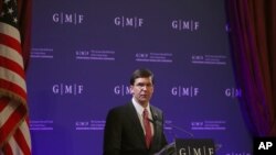U.S. Secretary for Defense Mark Esper speaks during an event at the Concert Noble in Brussels, Belgium, Oct. 24, 2019.