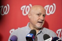 FILE - In this Jan. 11, 2020 photo, Nationals general manager Mike Rizzo talks with members of the media.