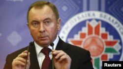 FILE - Belarusian Foreign Minister Vladimir Makei speaks at a news conference in Minsk, Belarus, Nov. 17, 2017.
