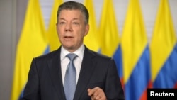 Colombia's President Juan Manuel Santos gives a speech to the nation in Bogota, Colombia, May 25, 2018. Santos announced that his country will formally become NATO’s first Latin American “global partner.” 