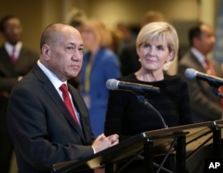 East Timor's Deputy Minister of the Prime Minister for the Delimitation of Borders Agio Pereira talks with reporters after signing a treaty during a ceremony at United Nations headquarters, March 6, 2018.