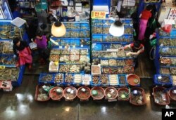 한국 서울의 노량진수산 시장에서 상인들이 분주하고 움직이고 있다. (자료사진)