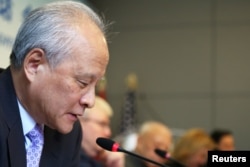 Ambassador of the People's Republic of China to the United States Cui Tiankai speaks during the "China and the U.S.: One Belt, One Road and 100-Day Plan," a discussion hosting high-level delegation of Chinese leaders, in Manhattan, June 14, 2017.
