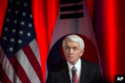 FILE - U.S. Chamber of Commerce President Thomas Donohue speaks at a dinner hosted by the U.S. Chamber of Commerce and the South Korean Chamber of Commerce for South Korean President Moon Jae-in, in Washington, June 28, 2017.