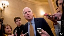 맥케인 의원이 의회에서 기자들에게 답하고 있는 모습 (자료사진) 