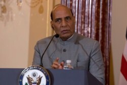 FILE - Indian Defense Minister Shri Rajnath Singh, speaks during a news conference after a bilateral meeting between the U.S. and India at the Department of State in Washington, Dec.18, 2019.