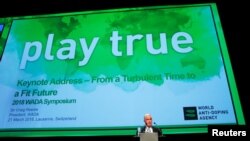 크레이그 리디 세계반도핑기구(WADA) 위원장이 지난해 3월 스위스 로잔에서 열린 학술회에서 연설하고 있다.